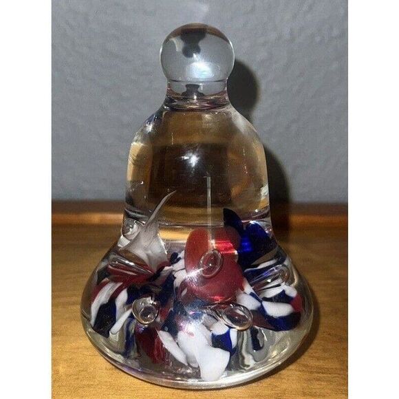 Joe Rice Signed Red White Blue Flowers Bell Paperweight Art Glass Patriotic USA - Picture 2 of 4